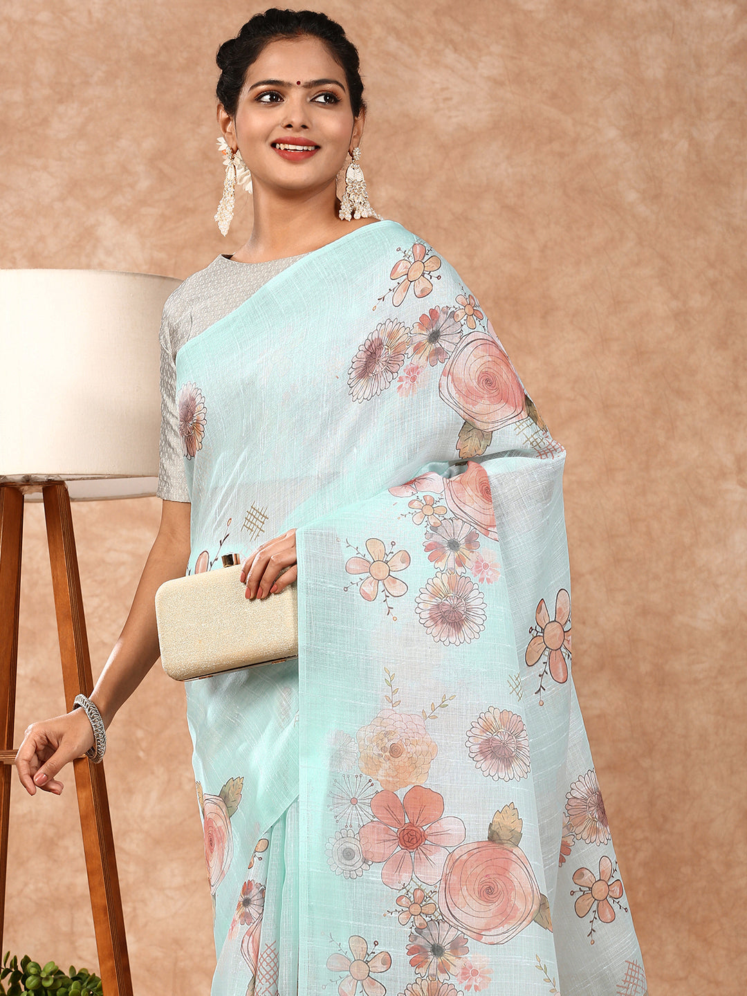 Women Semi Linen Saree Blue SL127