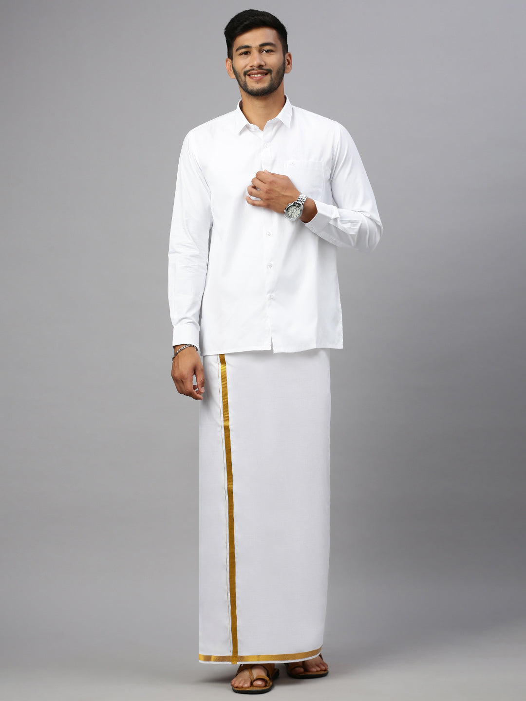Mens Double Dhoti White with Gold Jari 1" Gold Rose