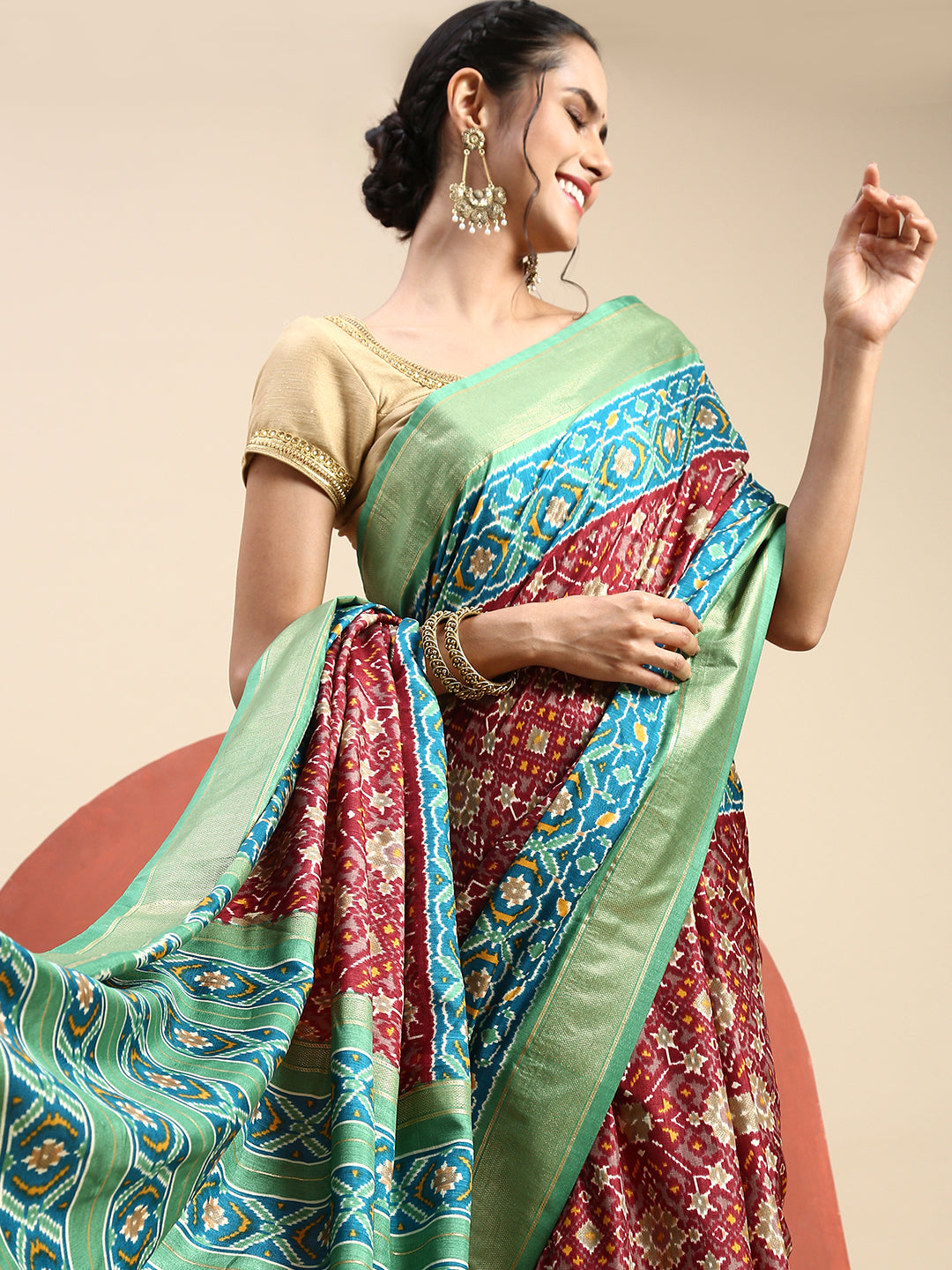 Women Art Silk Printed Brown With Green Border Saree ASP14-Side view