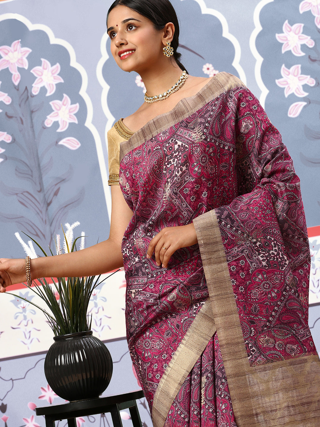 Womens Semi Tussar Weaving Saree Pink ST134