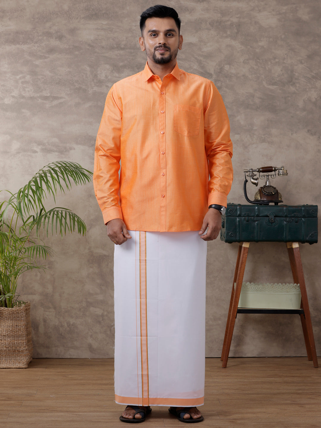 Men Matching Jari Border Dhoti & Full Sleeves Shirt Set Orange VB4