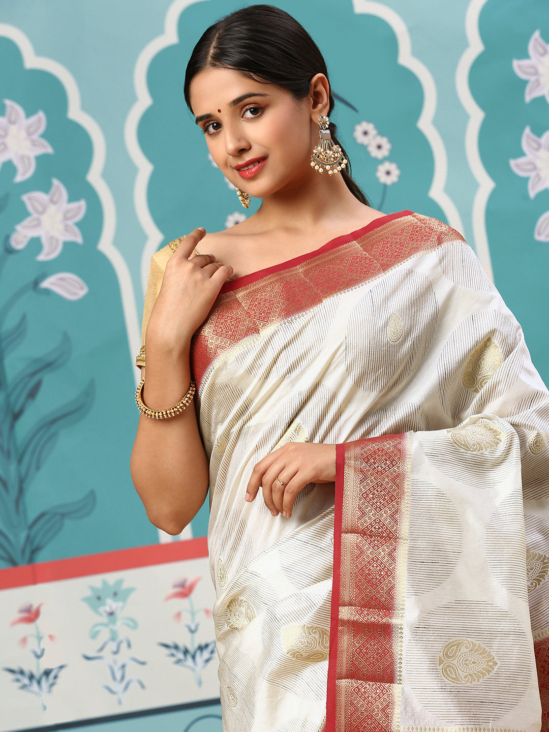 Women Semi Raw Silk Weaving Saree Cream SRS72