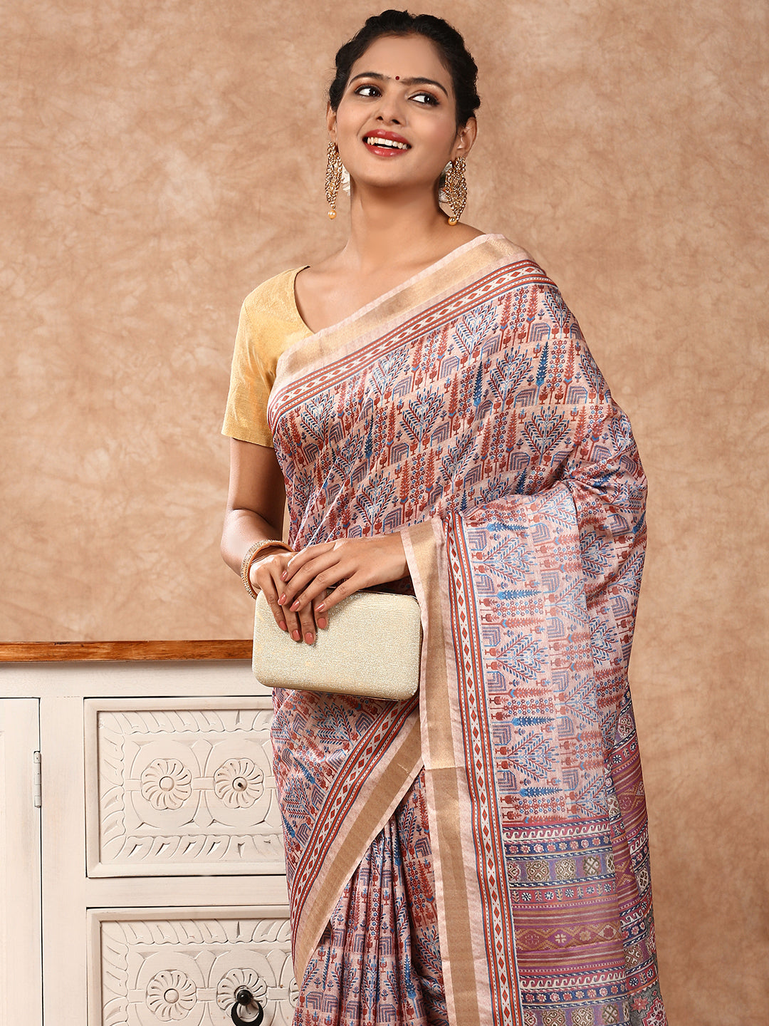 Women Semi Silk Print Saree Peach SS181