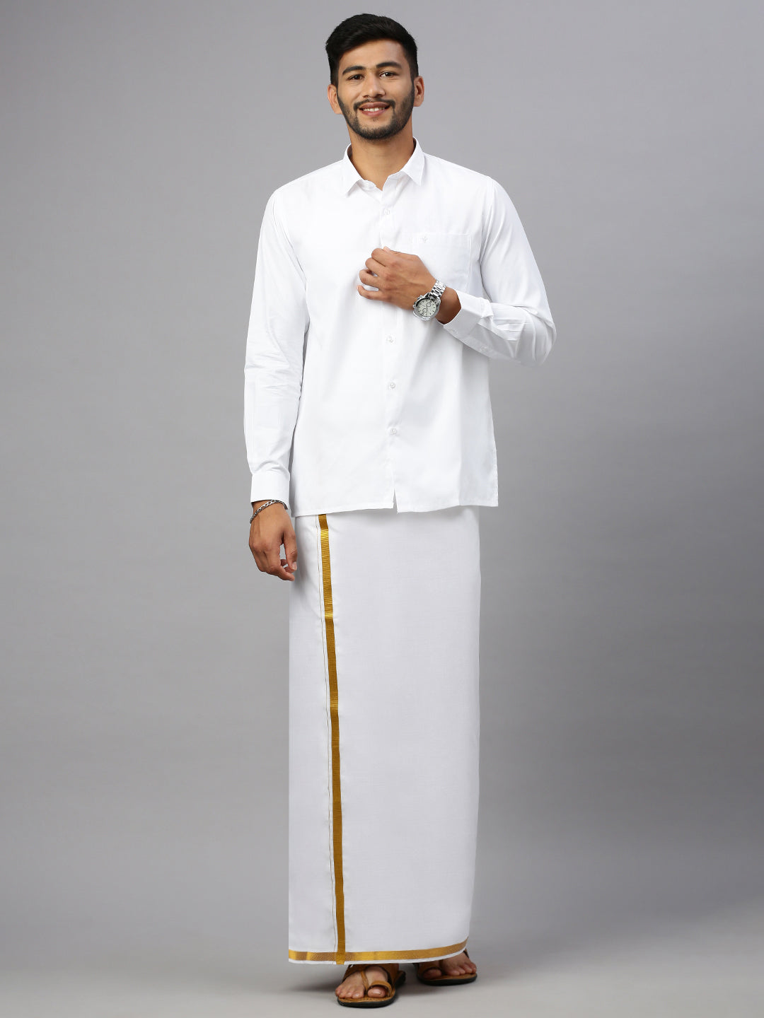 Men Wrinkle Free White Full Sleeves Shirt with 1'' inch Gold Jari Border Double Layer Dhoti Combo