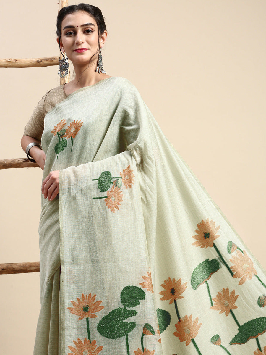 Womens Semi Tussar Sandal & Grey Flower Embroidery Saree ST92