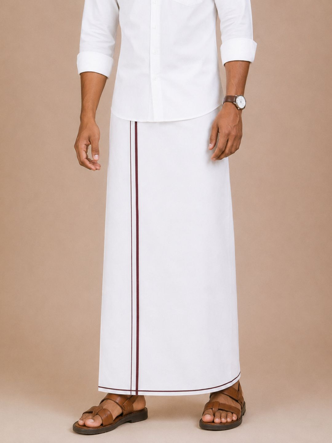 Men 100% Cotton Double Layer White Dhoti with Small Border Real Value RV01