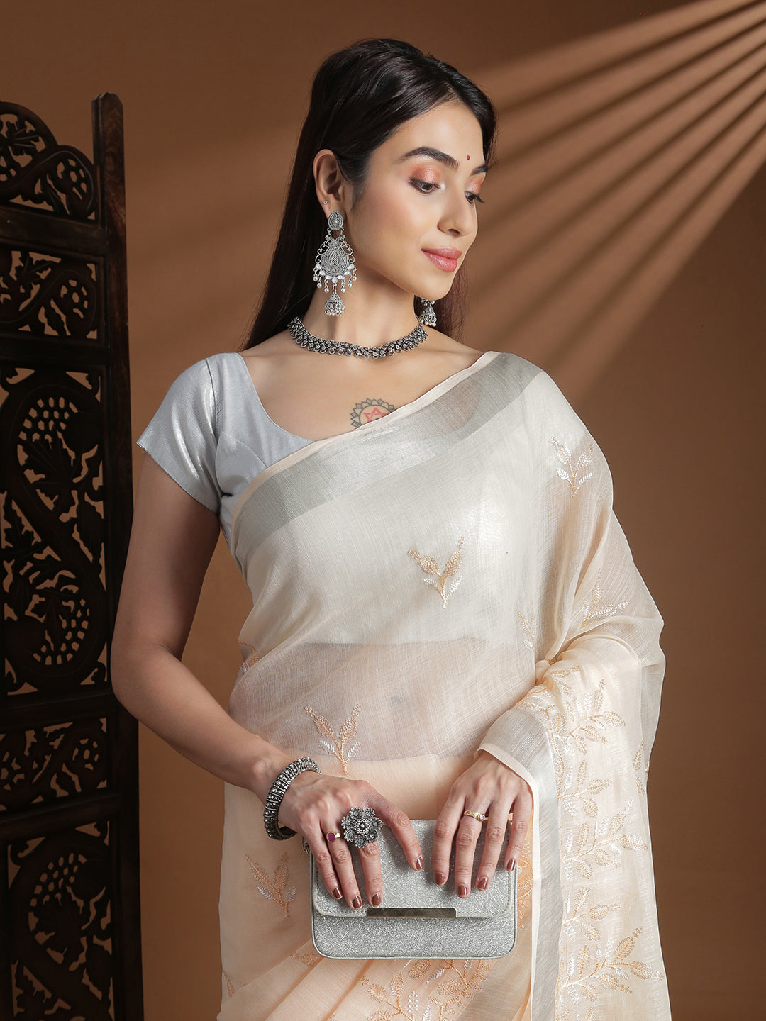 Women Light Orange Semi Linen Embroidered Saree SL243