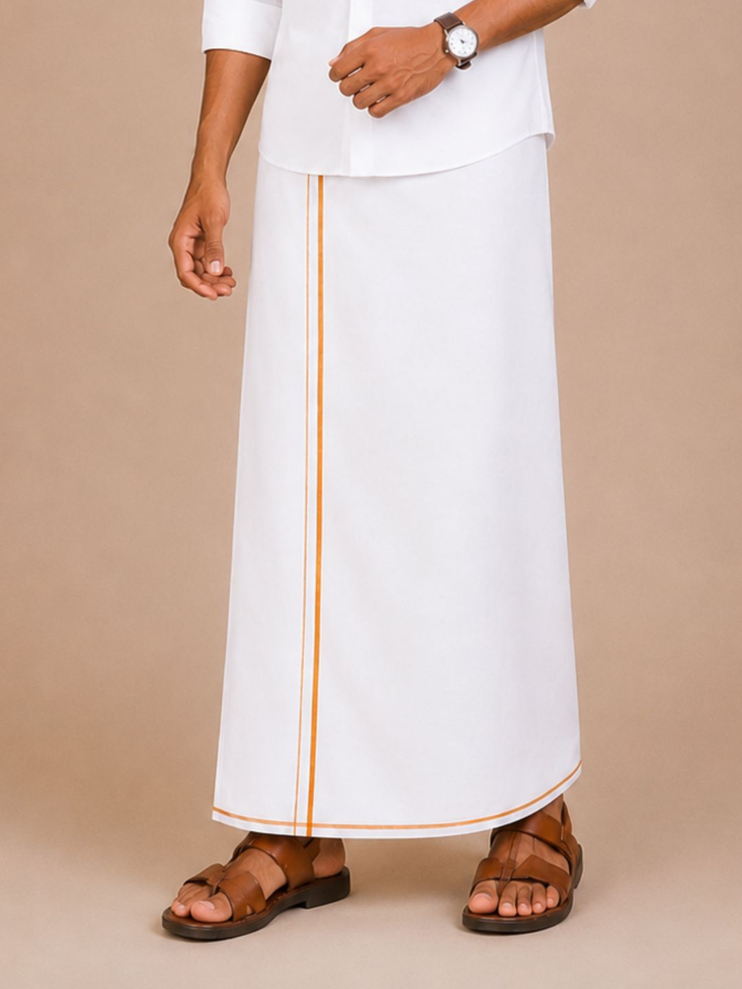 Men 100% Cotton Single Layer White Dhoti with Small Border Moontex MT01