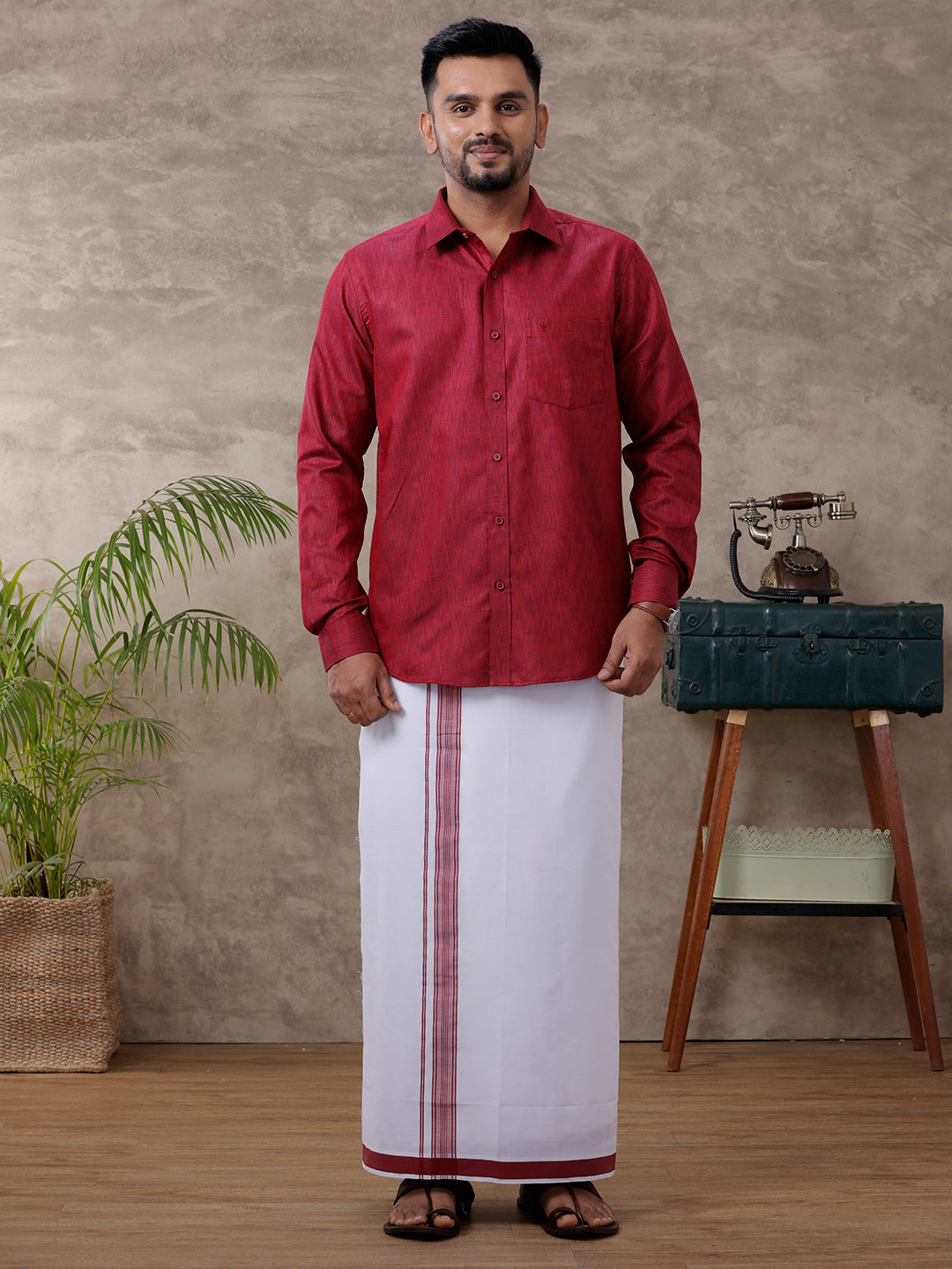 Men Matching Border Dhoti & Full Sleeves Shirt Set Maroon C81