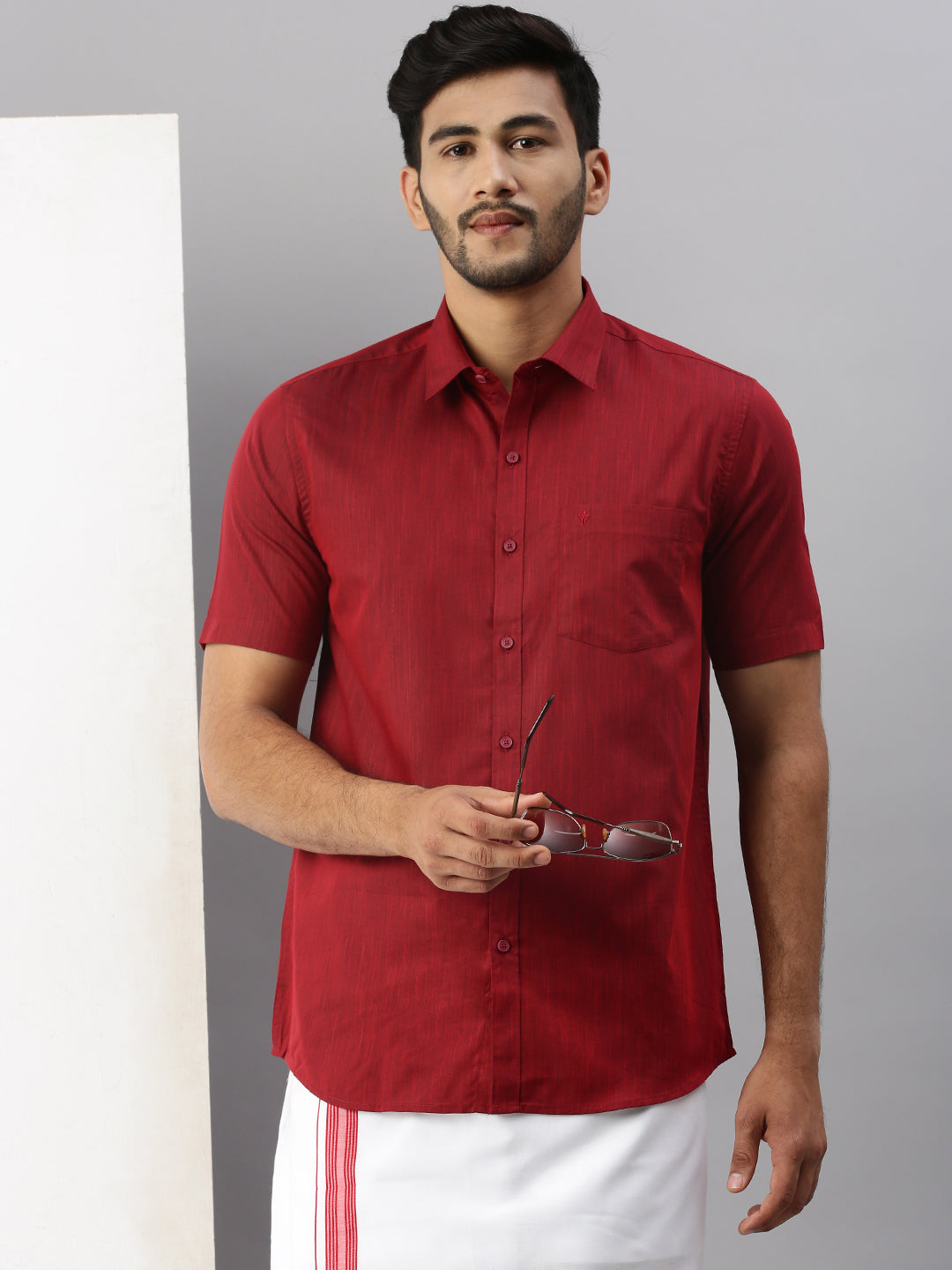 Mens Dark Red Matching Border Dhoti & Half Sleeves Shirt Set Evolution IC9-Front alternative view