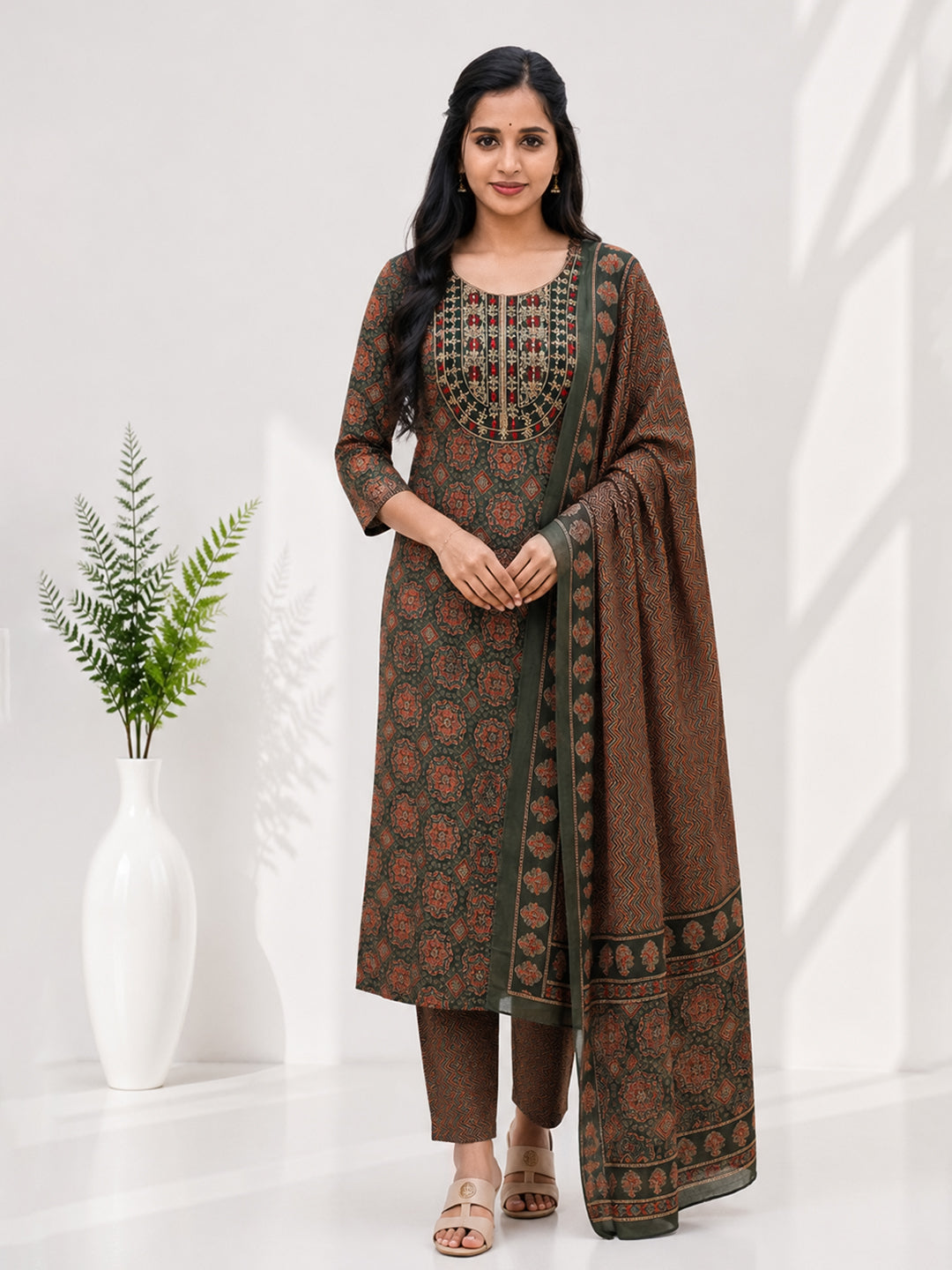 Women Embroidered Bottle Green Kurti Set EKS135