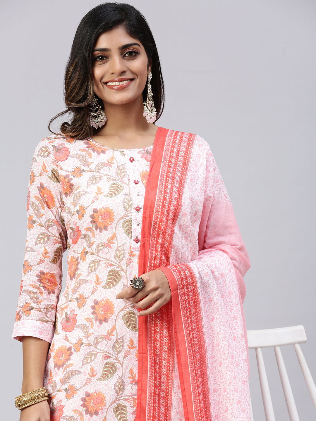 Women Cotton Embroidered Kurti Sets Pink EKS26