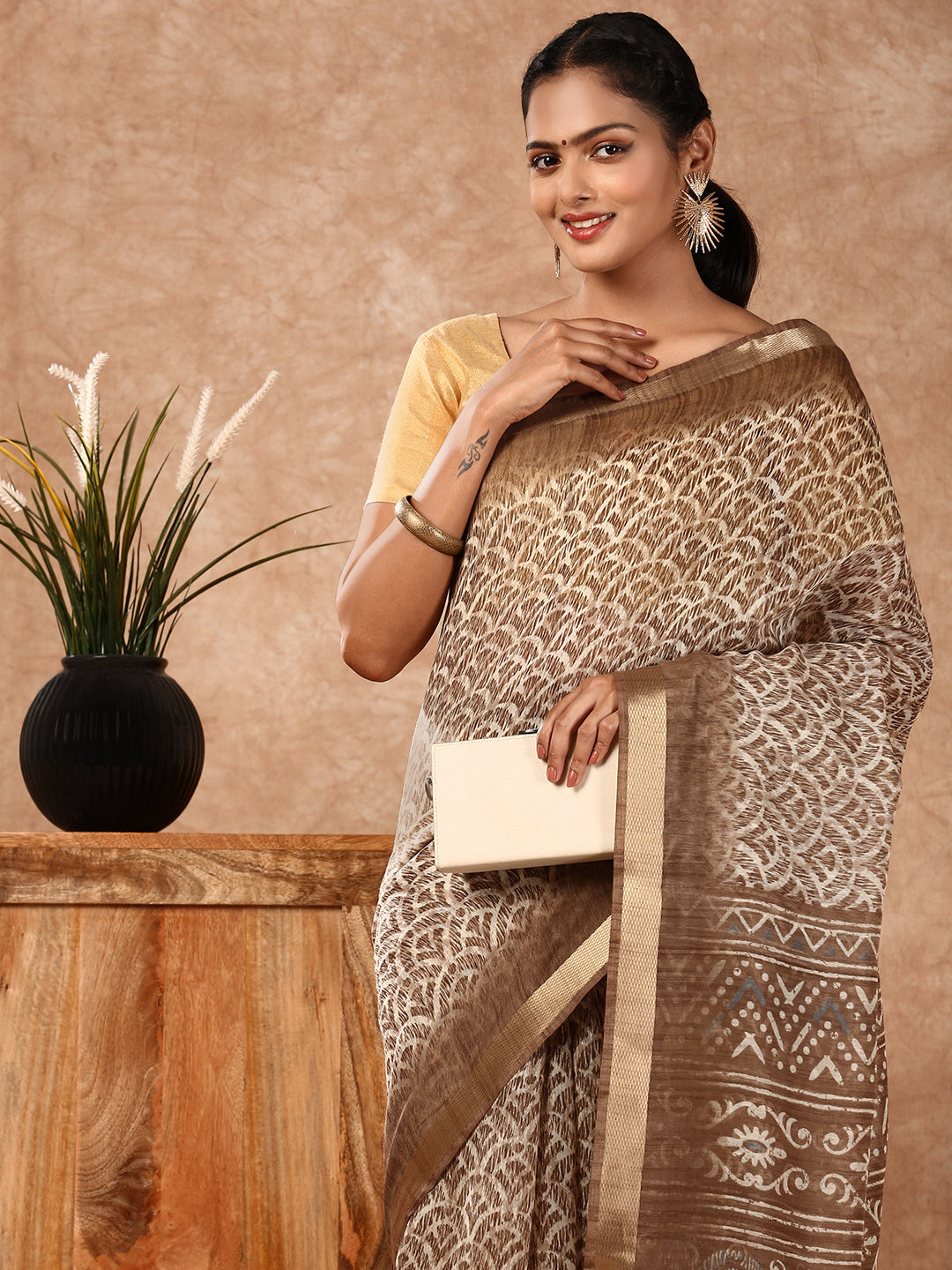 Women Semi Chanderi Saree Brown SC15