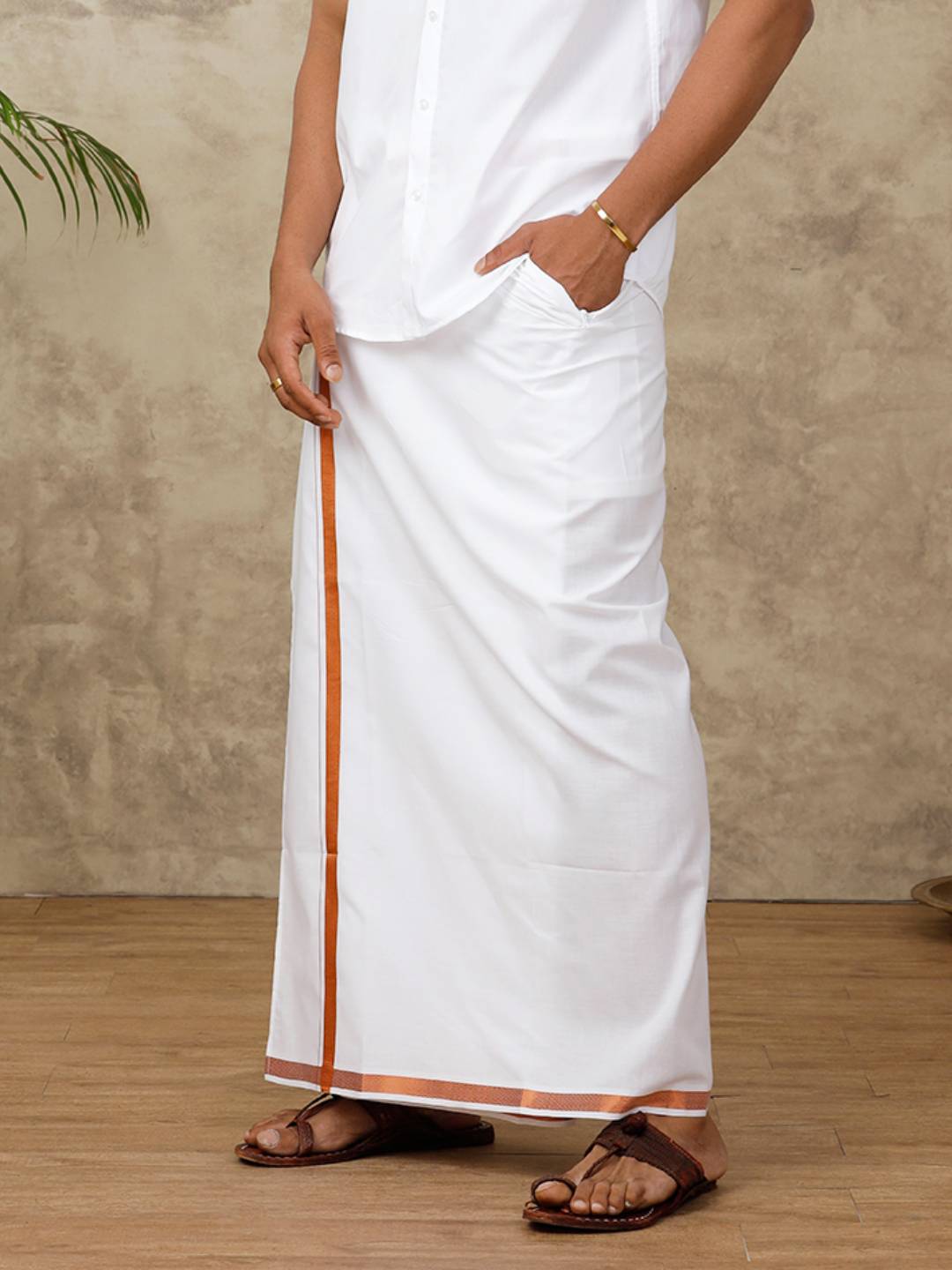 Men Cotton Blend Readymade Double Layer White Dhoti with Copper Jari Border