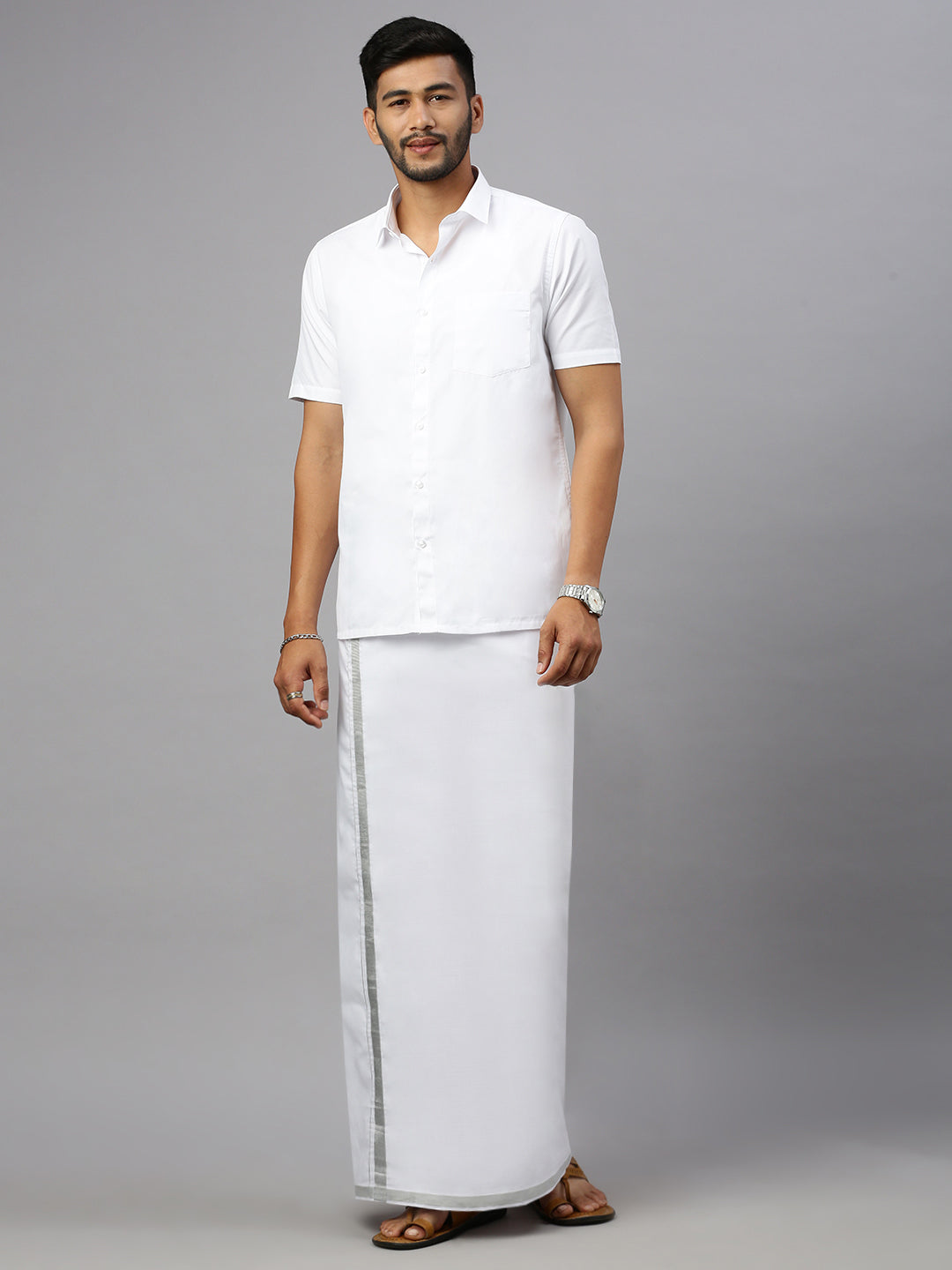 Men White with 1" Silver Jari Border Double Layer Dhoti Silver Heart