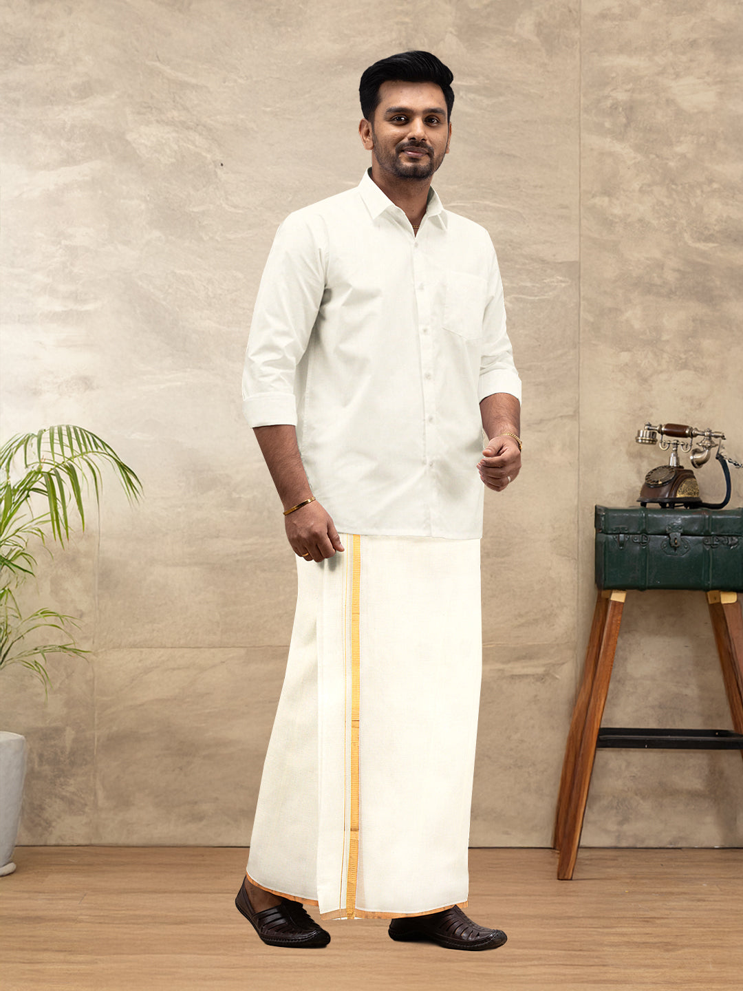 Men Kora Cotton Double Layer Cream Dhoti with 1/2"inch Gold Jari Border Mangal