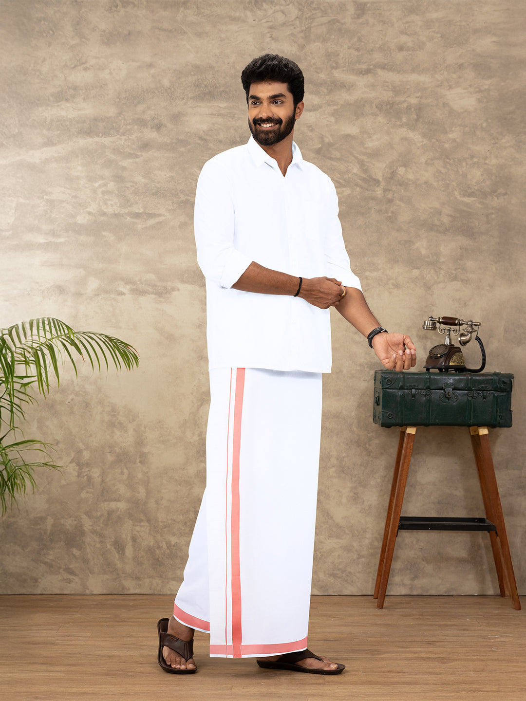 Men Cotton Blend Readymade Single Layer White Dhoti with Big Border GACS18