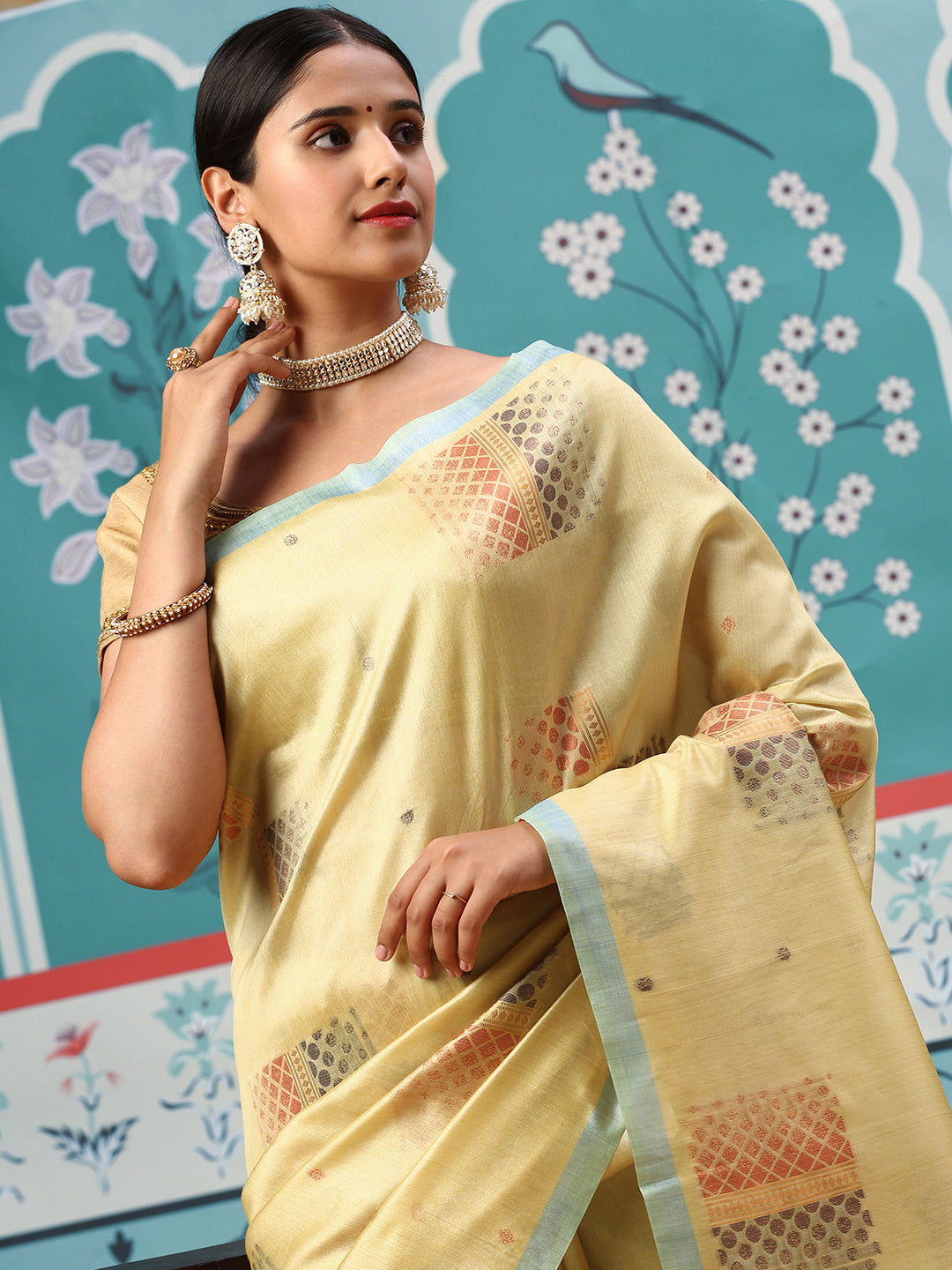 Womens Semi Tussar Weaving Saree Yellow ST131