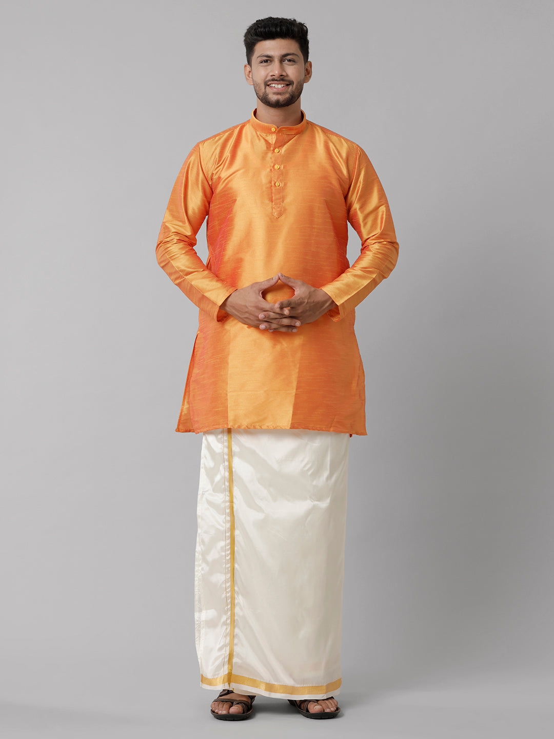 Mens Polyster Orange Medium Length Kurta with Art Silk Jari Dhoti Combo SL03