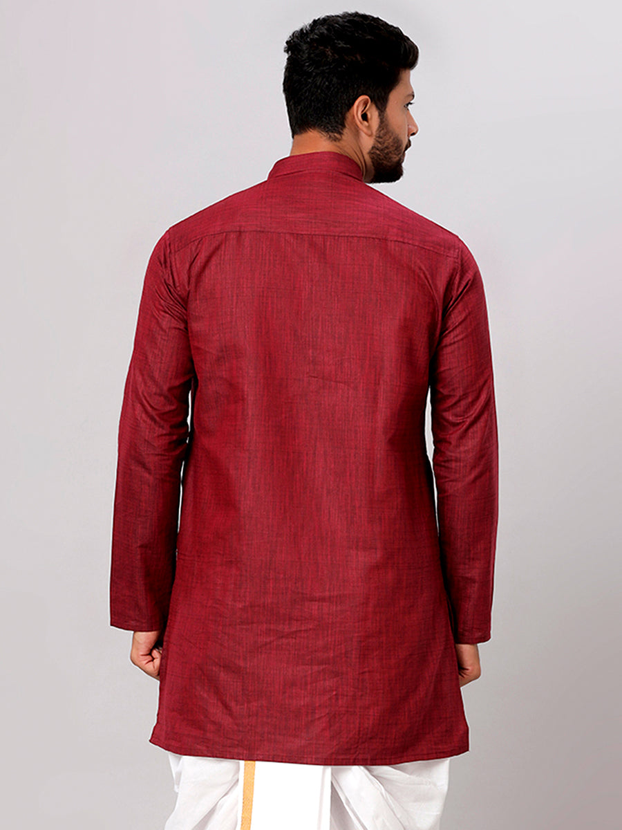 Mens Cotton Full Sleeves Maroon Medium Length Pocket Kurta FS7-Back view