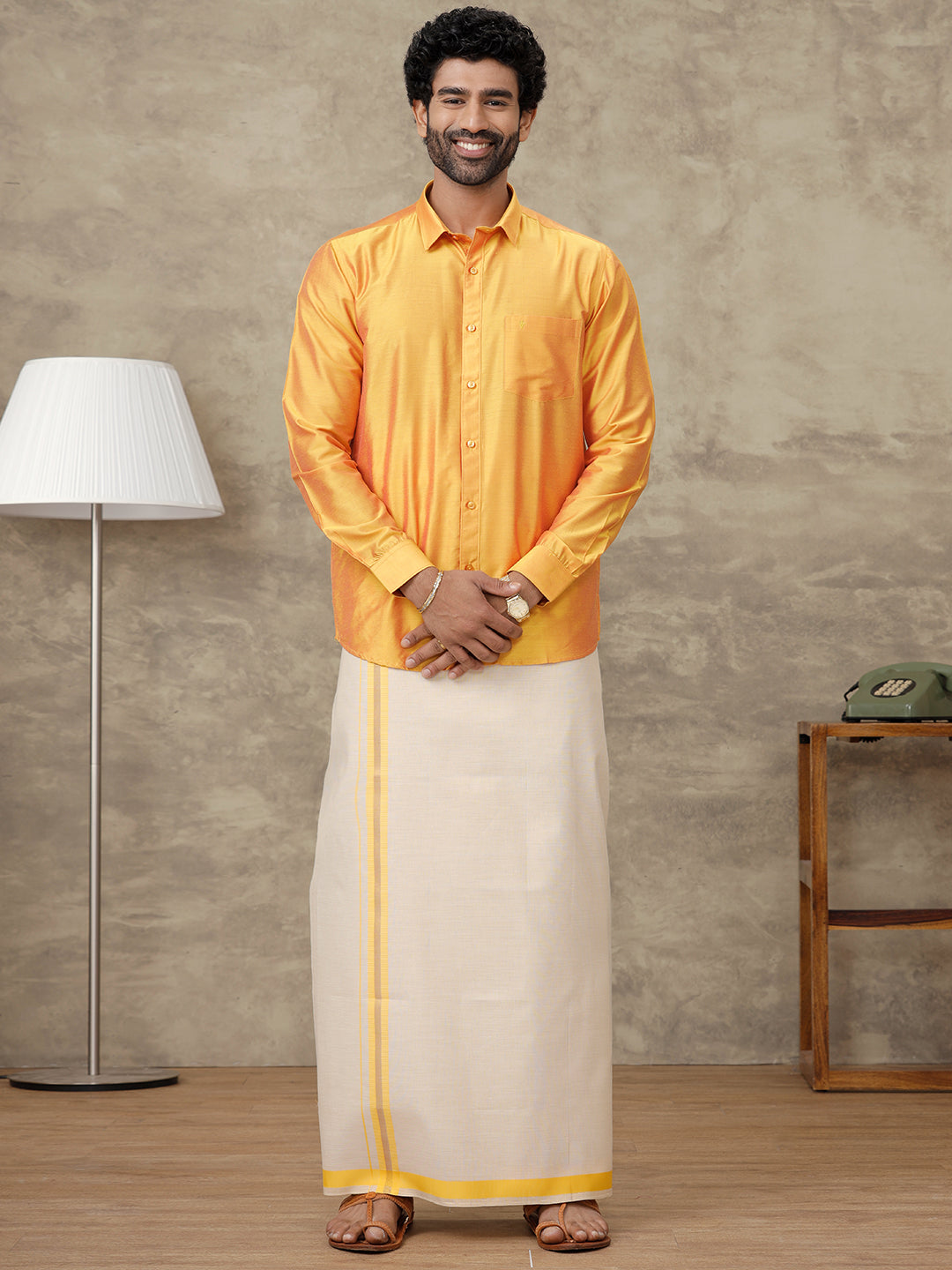 Men Luxor Gold Silk Cotton Shirt With Matching Border Tissue Dhoti Set CCB Fortune