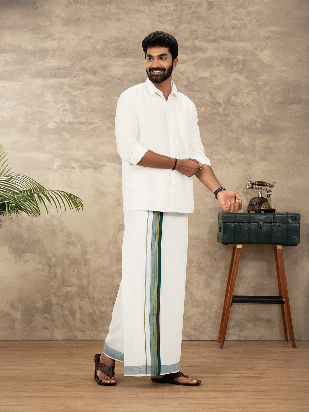 Men Kora Cotton Double Layer Dhoti with Green Fancy Jari Border EGJ17