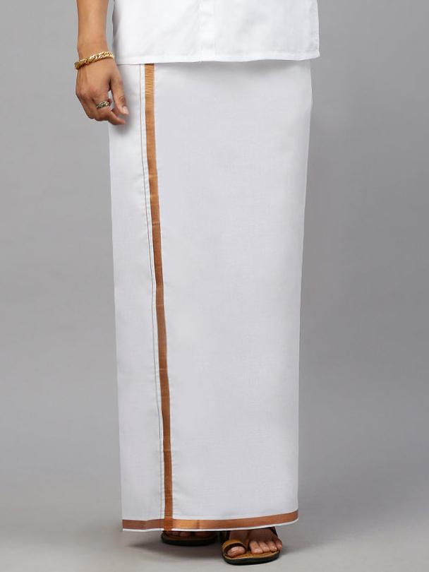 Men Cotton White Single Dhoti with 1'' inch Copper Jari Border Winner