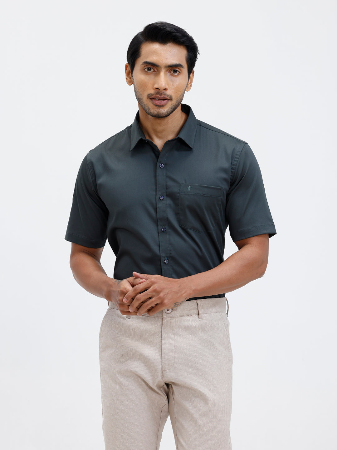 Men Cotton Blend Shirt Dark Green T53 ACT2