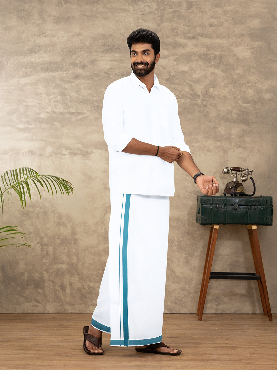 Men Cotton Blend Readymade Single Layer White Dhoti with Big Border GACS20