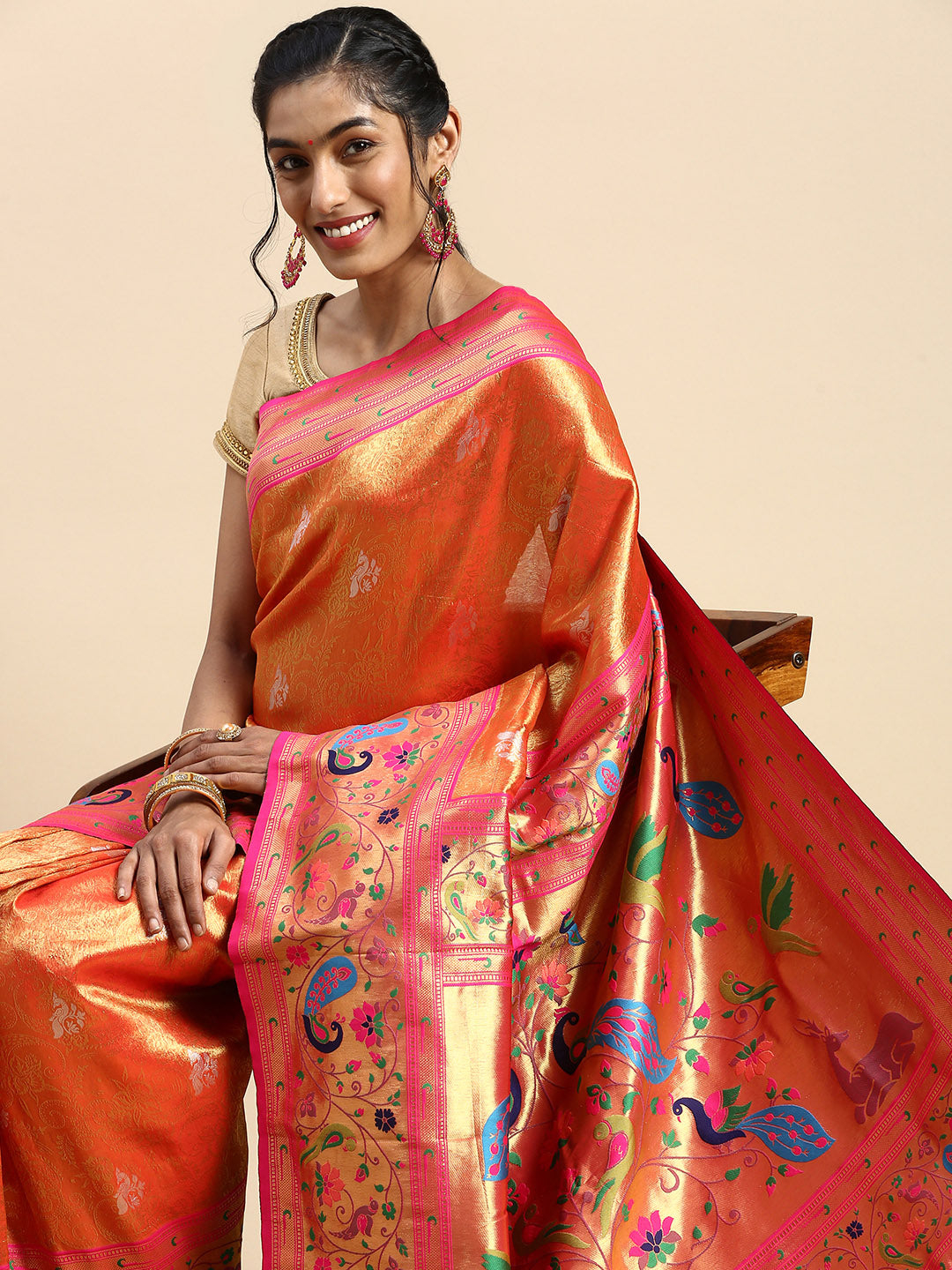 Womens Semi Silk Peacock Design Orange & Pink Saree ASP06