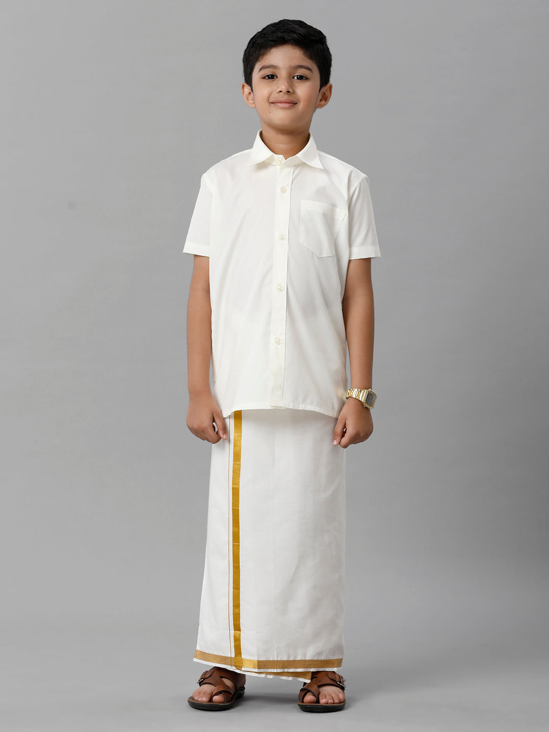Boys Cotton Cream Half Sleeve Shirt with Dhoti Set