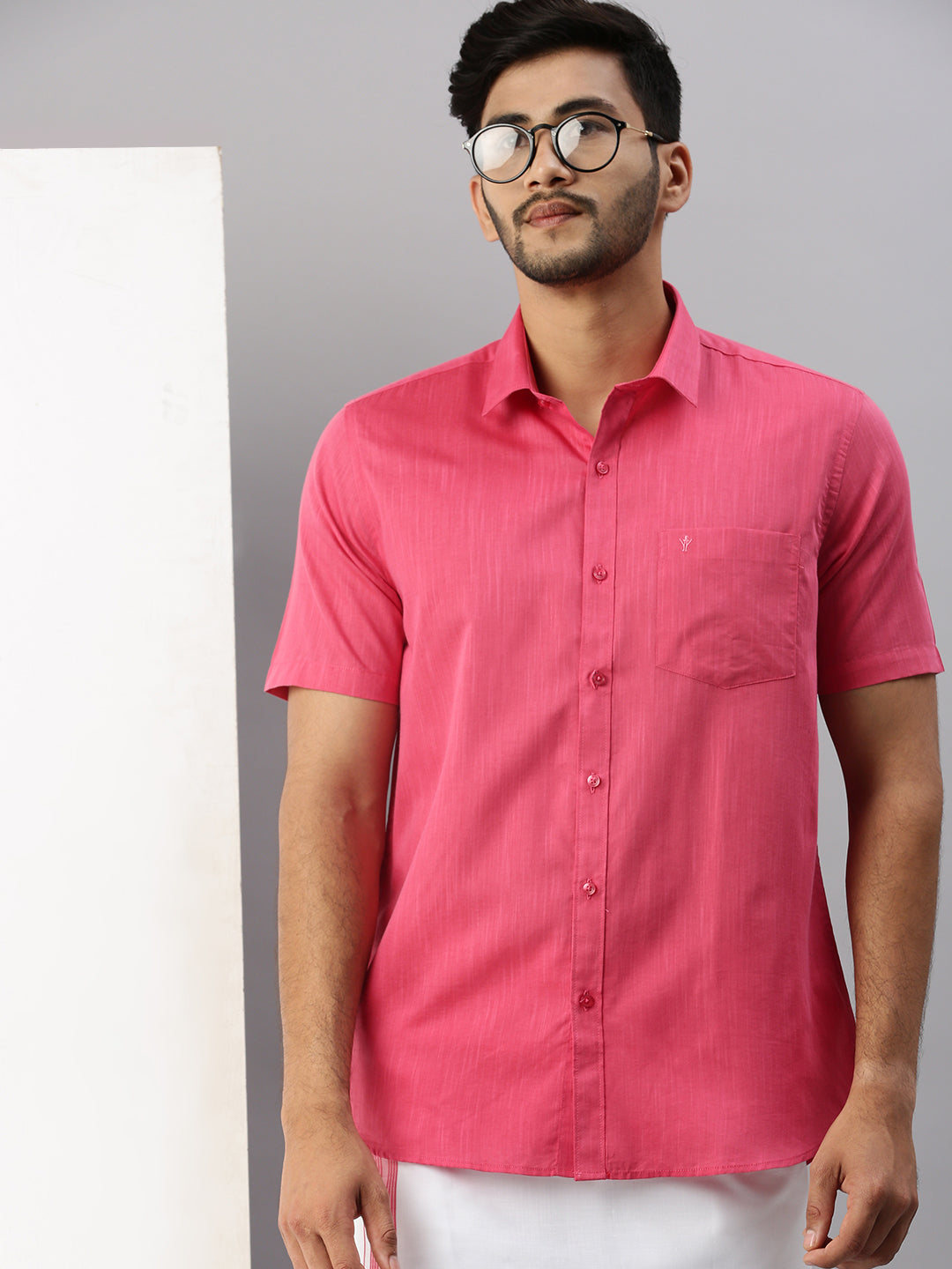 Mens Pink Matching Border Dhoti & Half Sleeves Shirt Set Evolution IC2-Close view