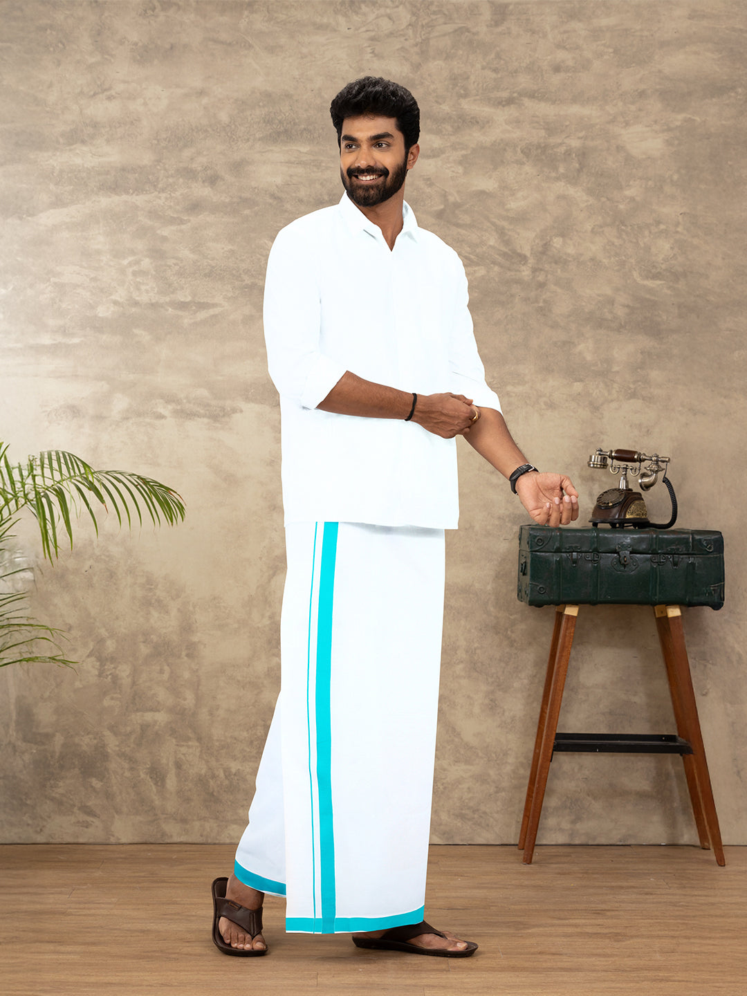 Men Cotton Blend Readymade Single Layer White Dhoti with Big Border GACS14