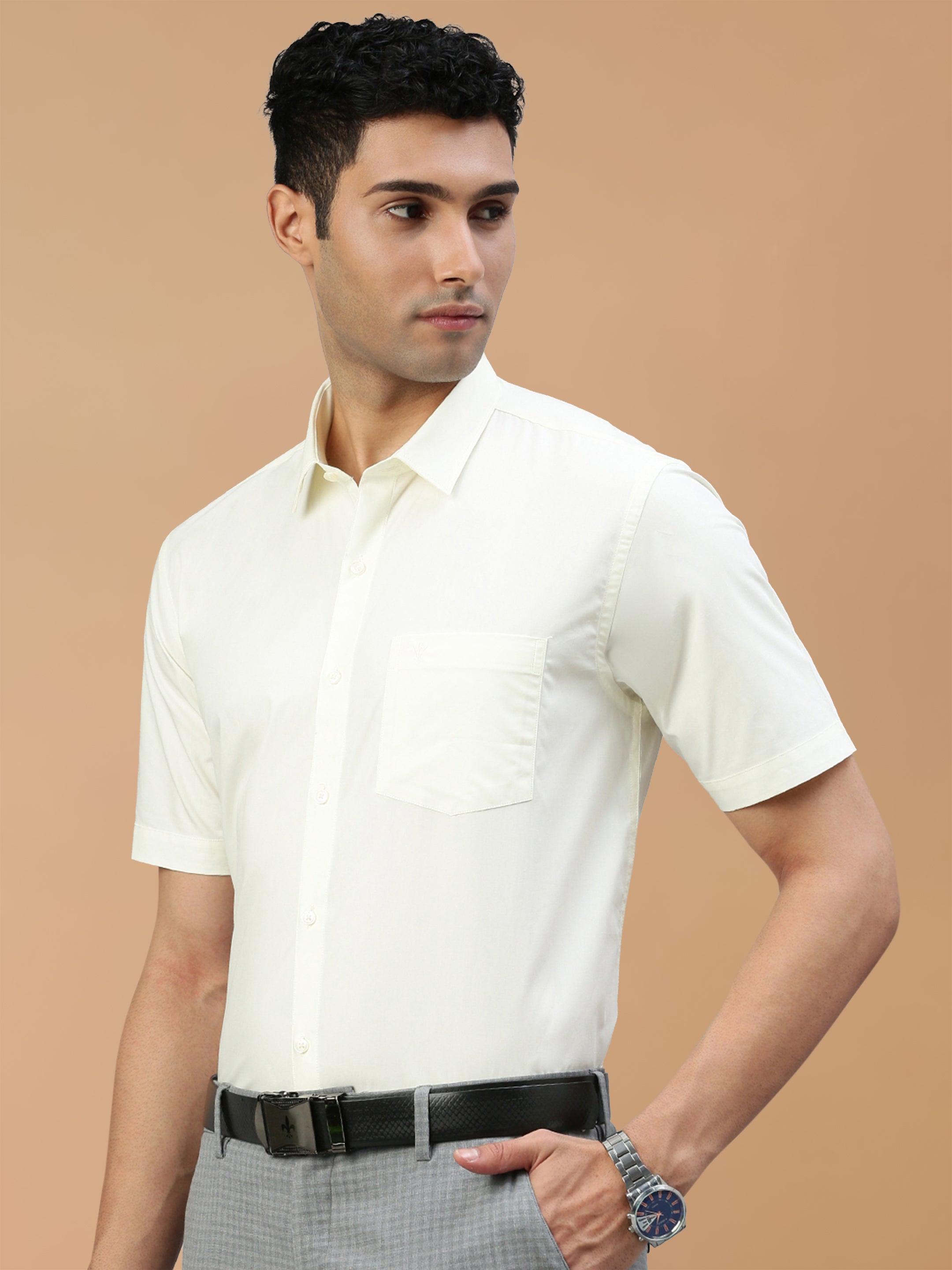 Cotton Rich Cream Regular Fit Shirt Mangalyam