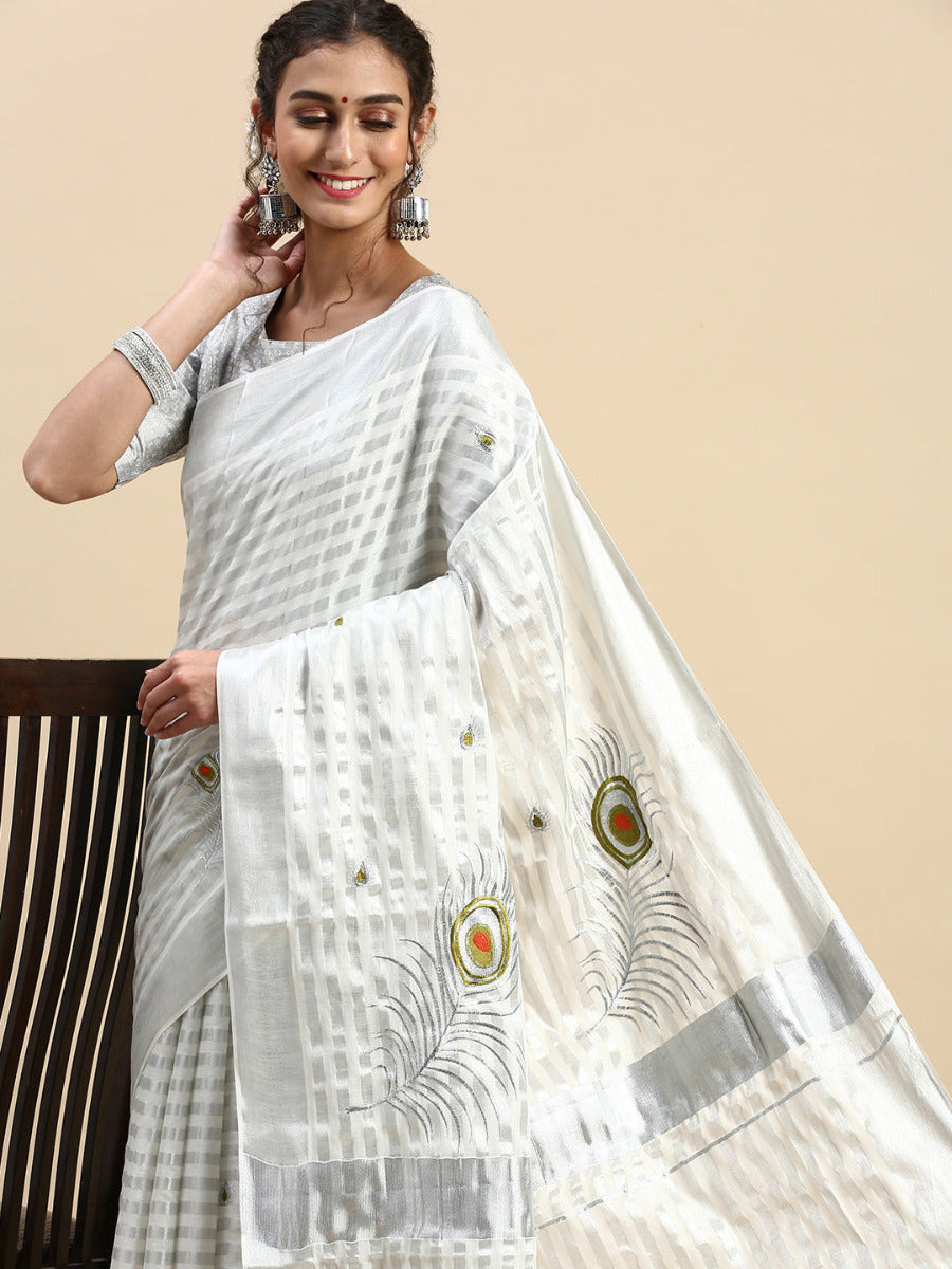Kerala Peacock Feather Embroidery Saree with Silver Zari Border KS77-Side view