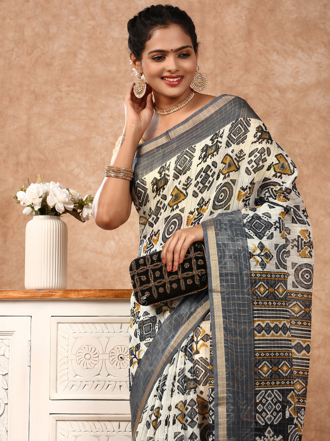 Womens Semi Chanderi Saree Cream SC19