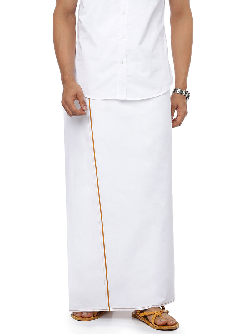 Mens White Single Dhoti with Mustard Small Border Gold Star Fine