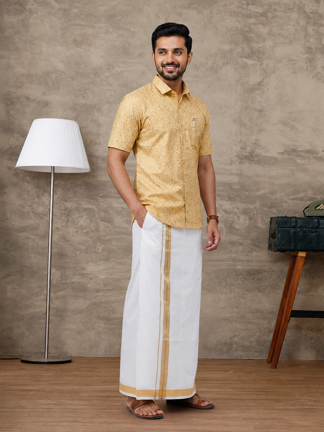 Cotton Rich Sandal Printed Shirt with Matching Border Dhoti Set PS21
