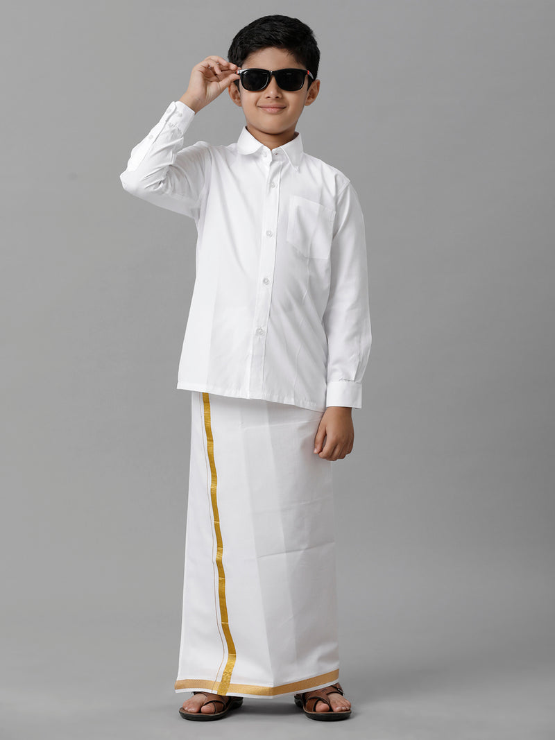 Boys Cotton Shirt with Dhoti Set White Full