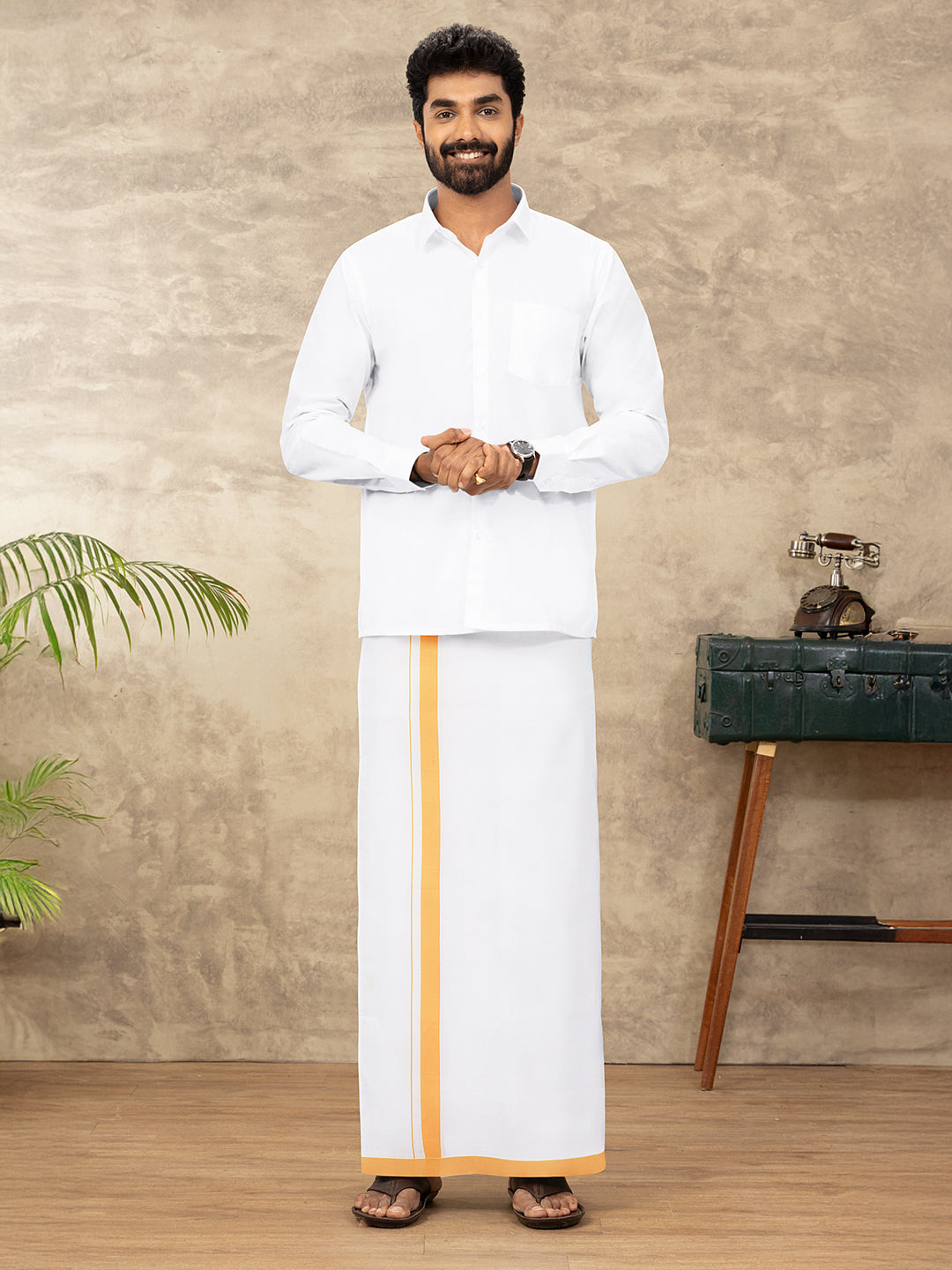 Men Cotton Blend Readymade Single Layer White Dhoti with Big Border GACS11