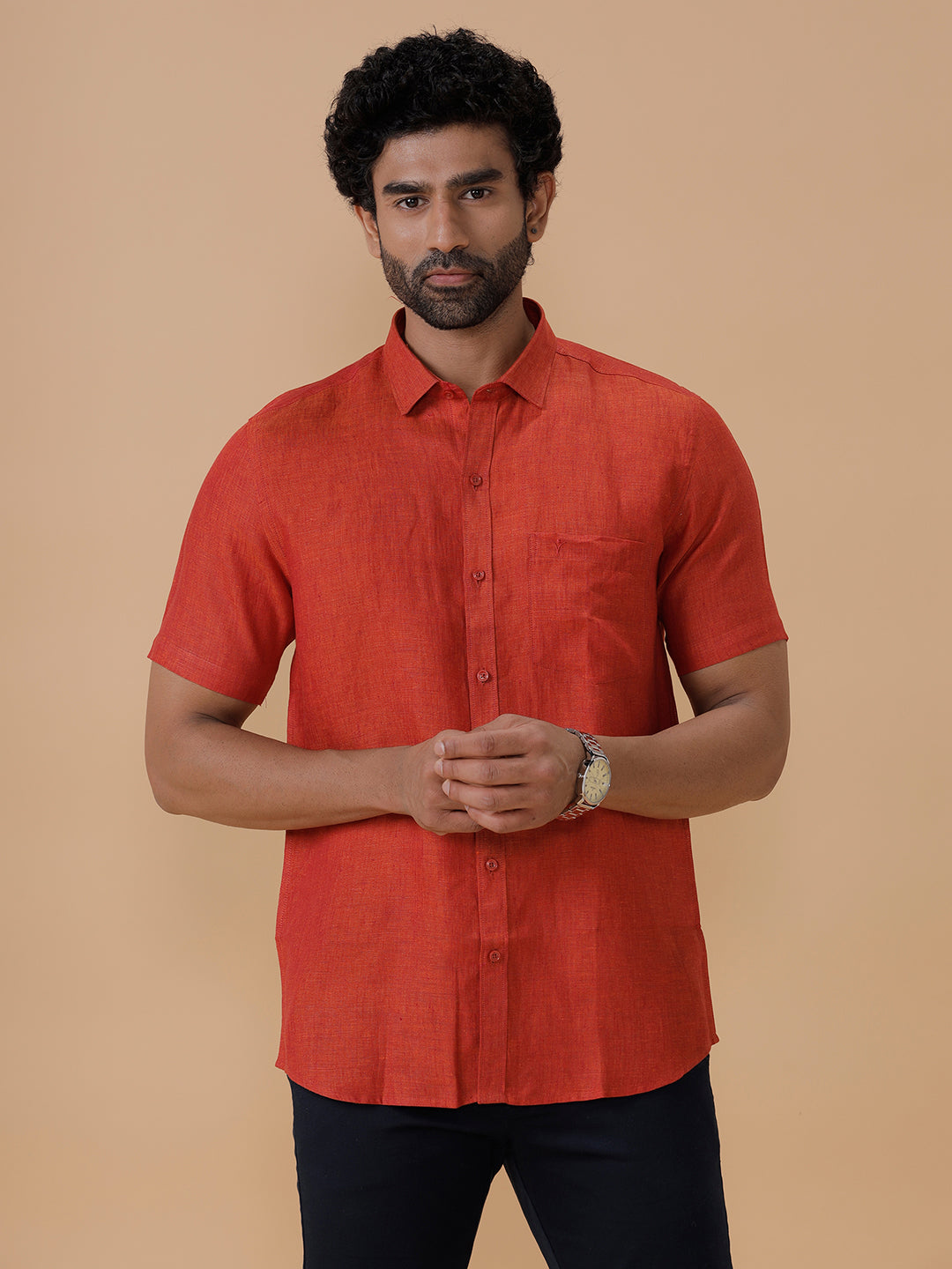 Men Pure Linen Shirt Deep Red L12