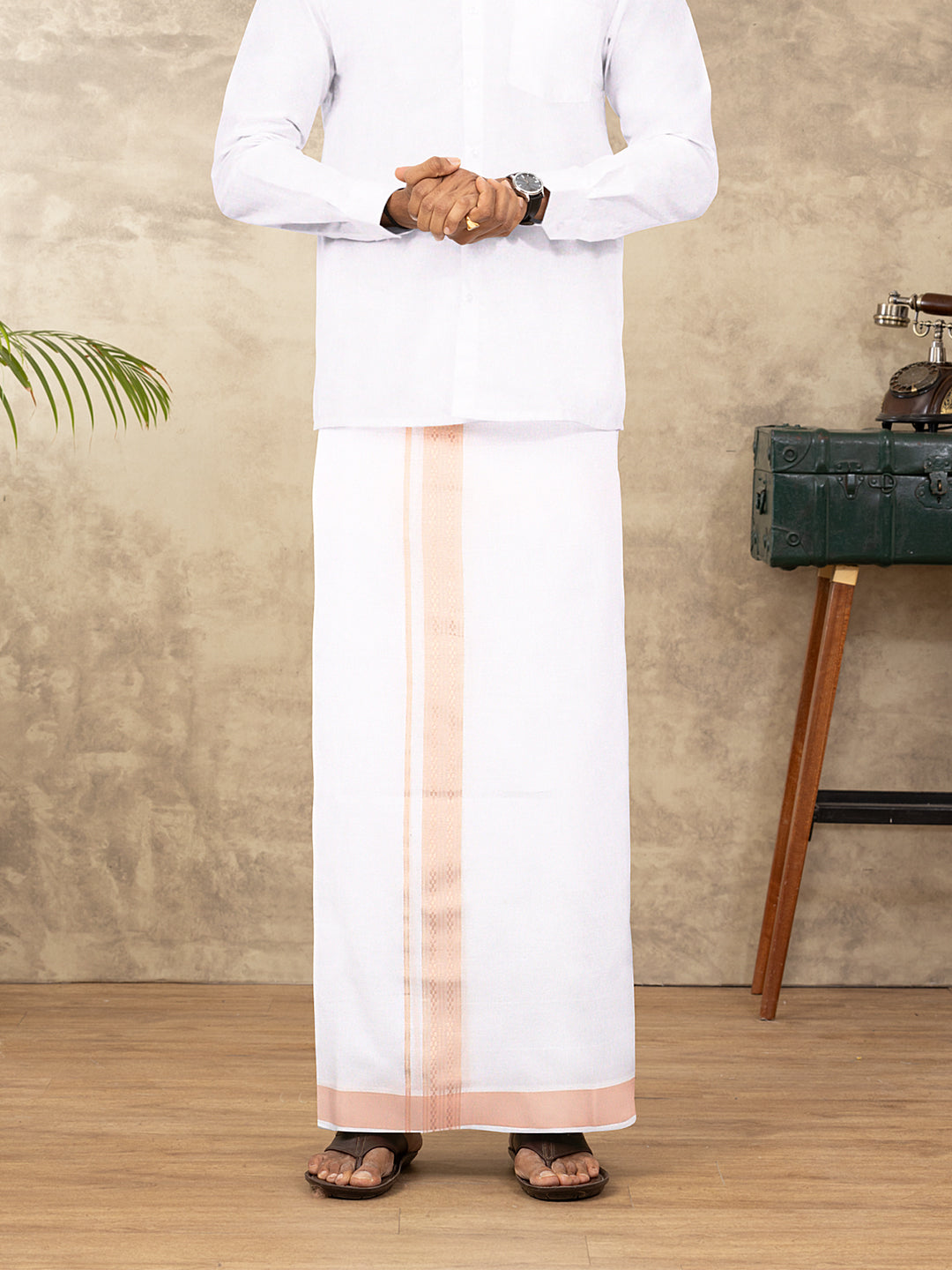 Men Cotton Blend Double Layer White Dhoti with Fancy Border TF15