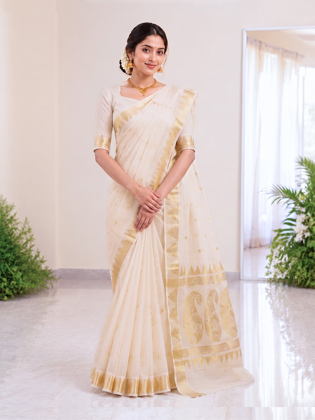Women Kerala Cotton Gold Jari Saree KLS01