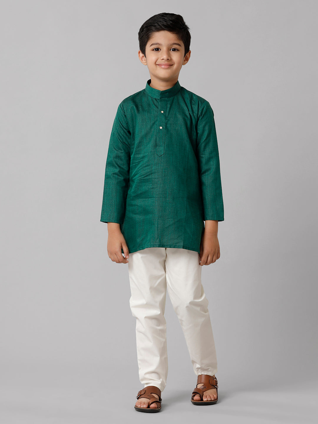 Boys Cotton Full Sleeves Dark Green Kurta with Cream Pyjama Pant Combo FS5