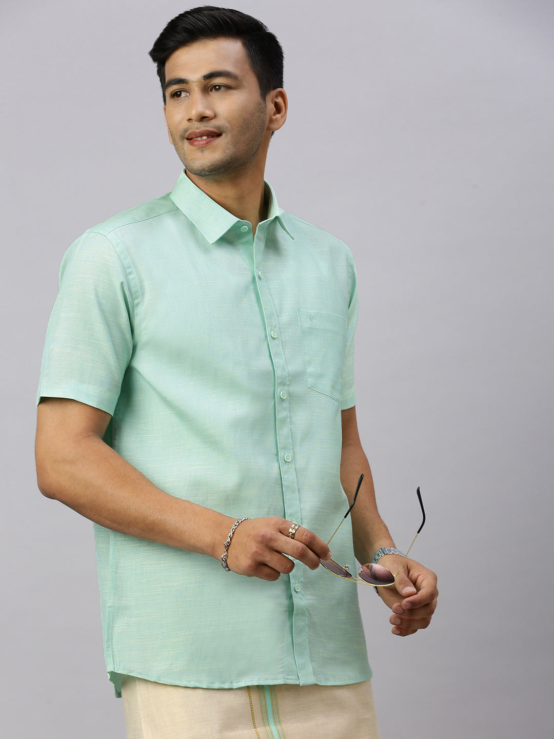 Mens Macho Mint Green Matching Border Dhoti  With Full & Half Sleeves Shirt Set CCB