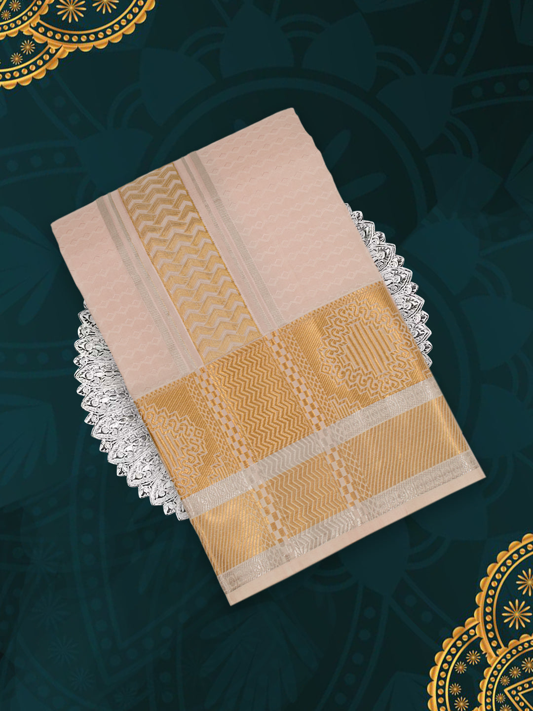 Men Pure Silk Peach Dhoti & Towel Set with 4" inch Silver Jari Border TKC14