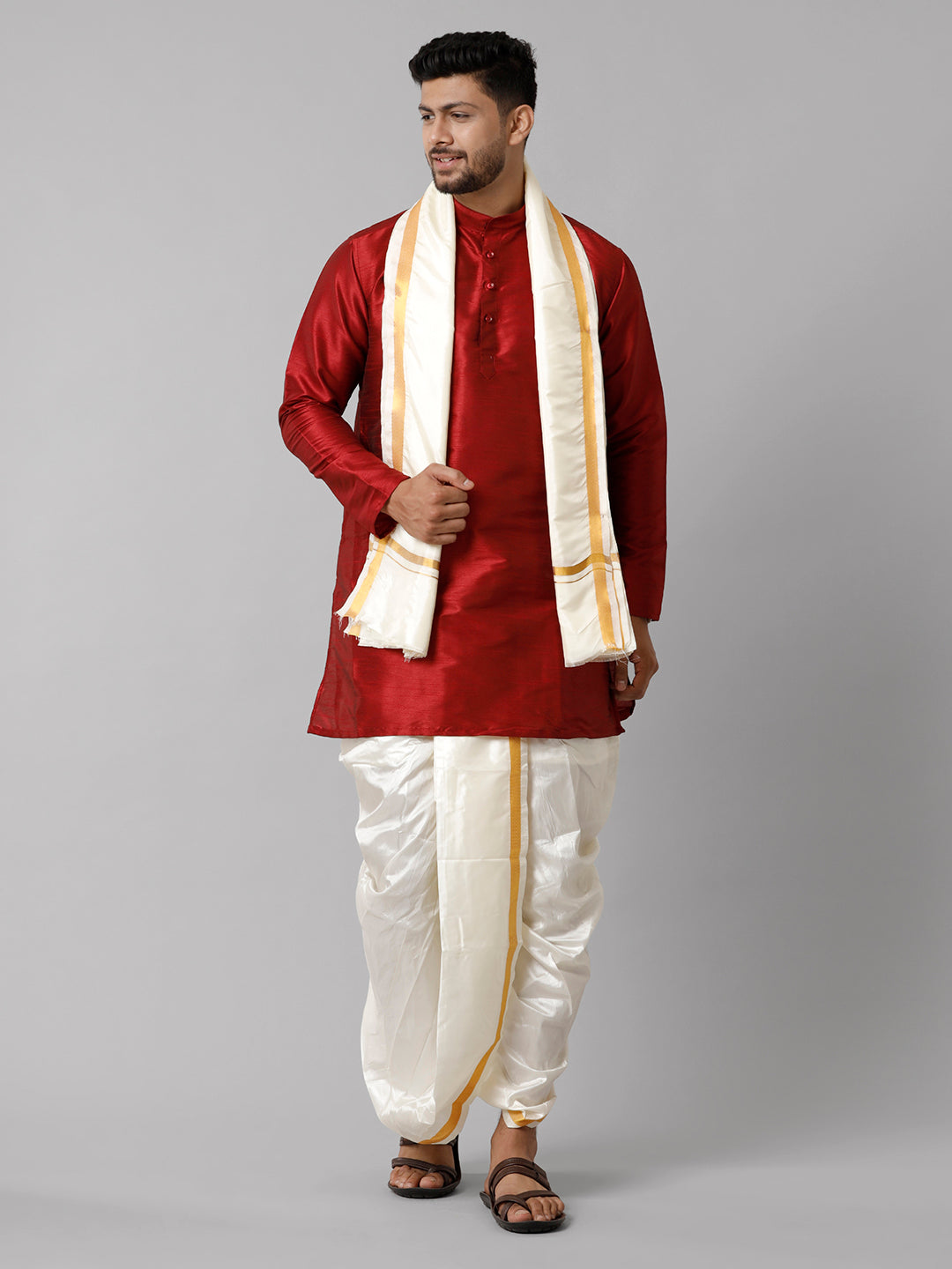 Mens Polyster Red Medium Length Kurta with Art Silk Panchakacham Towel Combo SL06-Front view