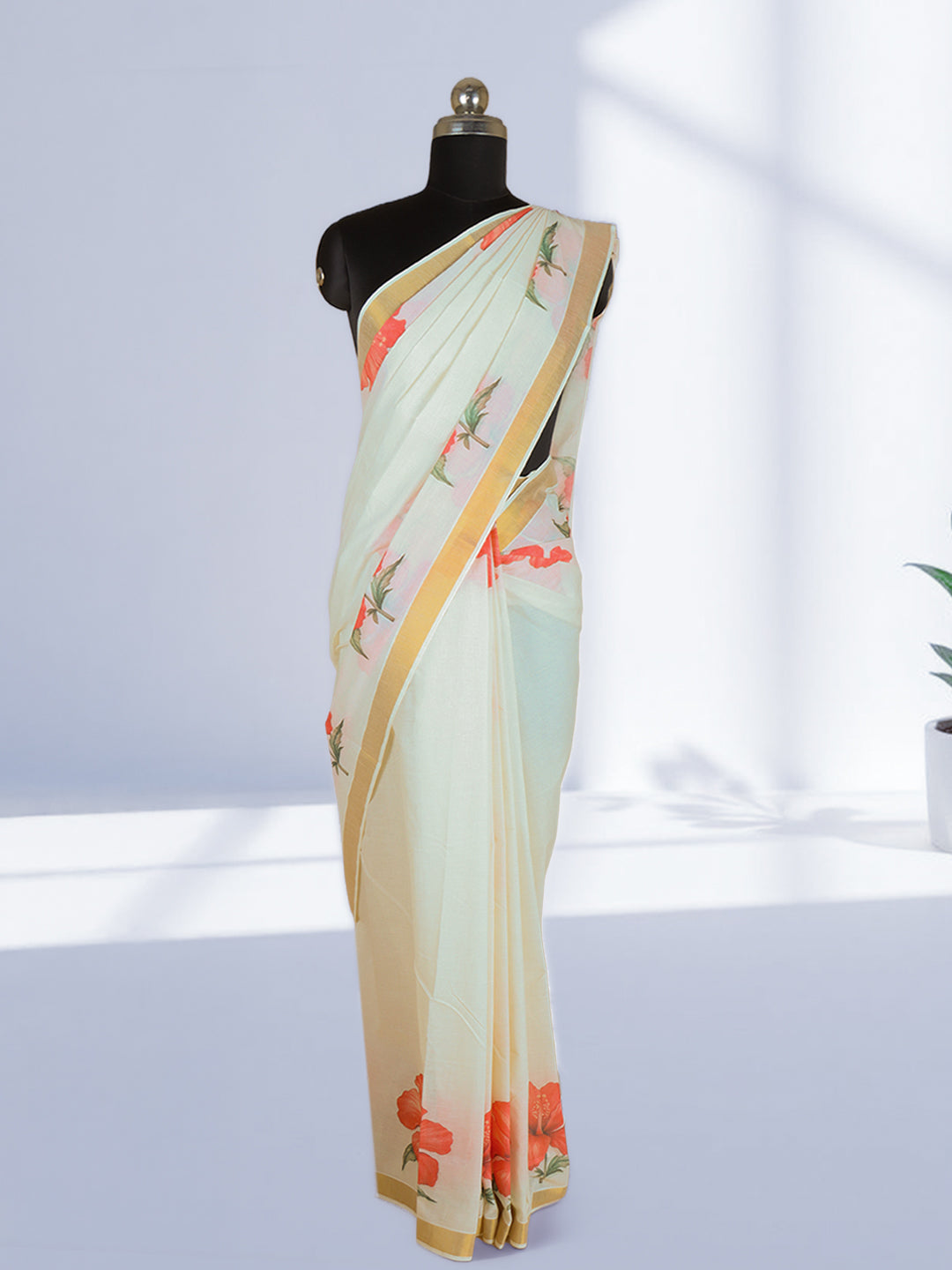Women Kerala Cream Flower Design with Gold Border Saree KS208