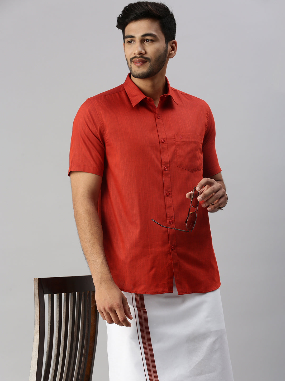 Mens Red Matching Border Dhoti & Half Sleeves Shirt Set Evolution IC5-Side alternative view