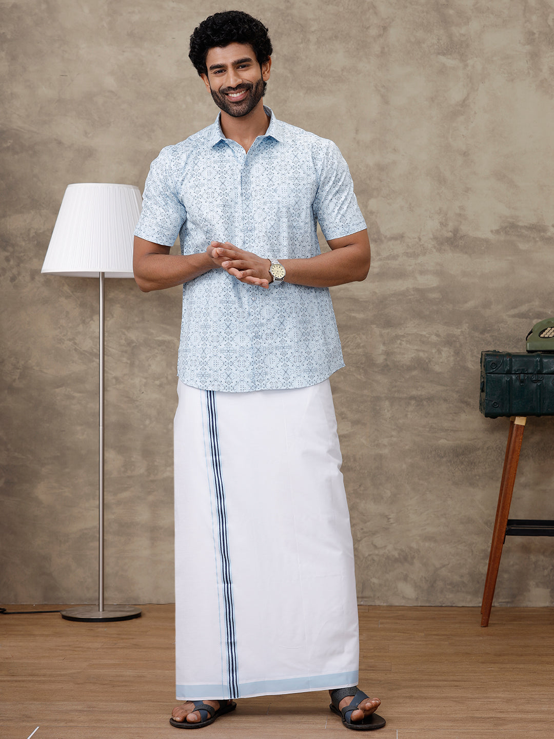 Men Aqua Blue Matching Border Dhoti With Printed Shirt Set Fusion PS2